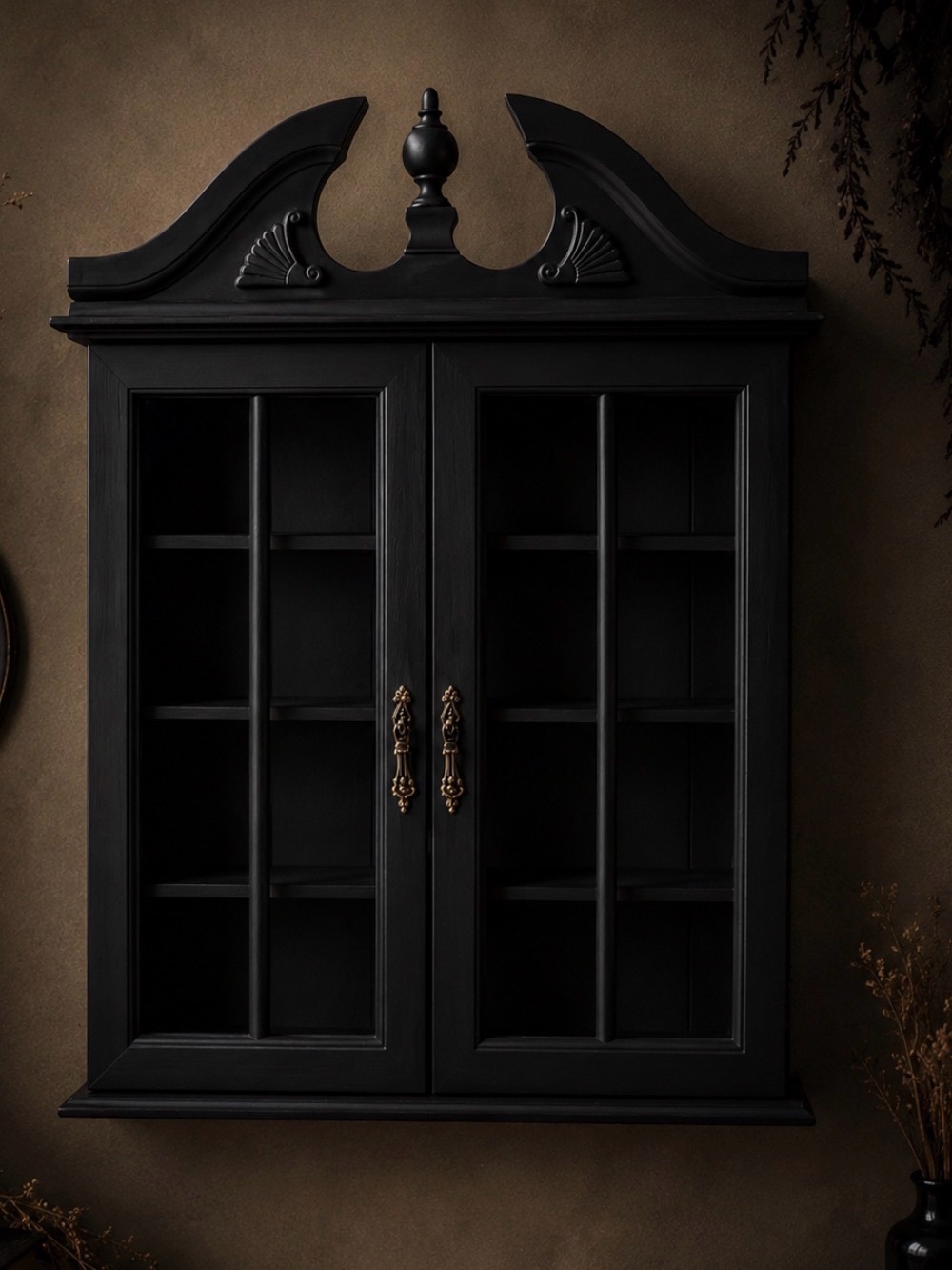 Vintage matte black curio cabinet